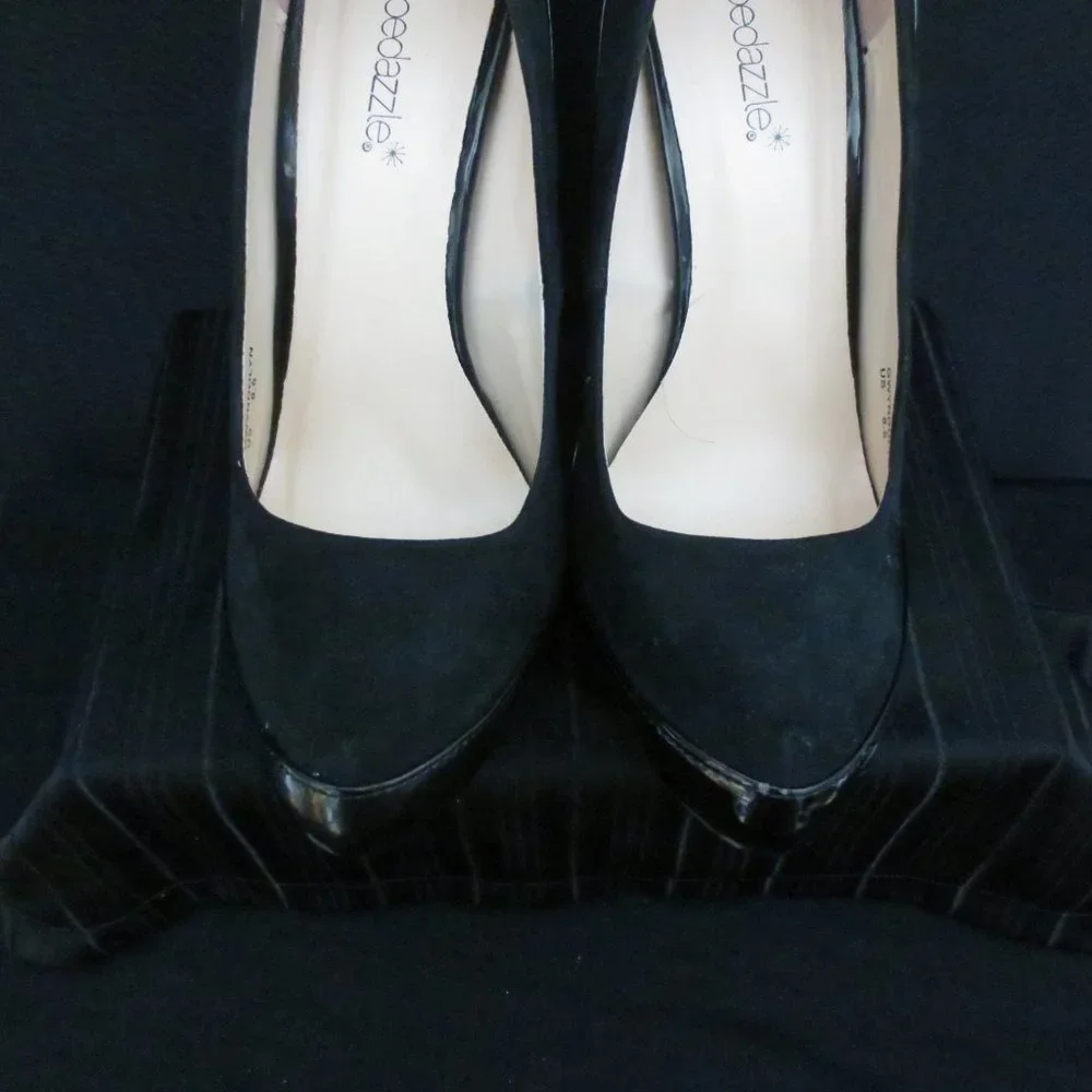 Shoedazzle Gwendolyn Shoes Black Patent Gold Platform Stiletto Pumps Size 8.5